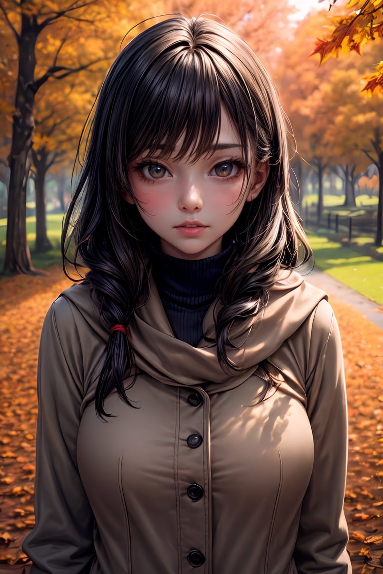 (masterpiece, best quality), 1girl, Cozy Autumn themed Walk, nature walk, Autumn day, flora, dept of filed, half body, close up shotbeautiful lighting, Autumn colors, Autumn elements, 
