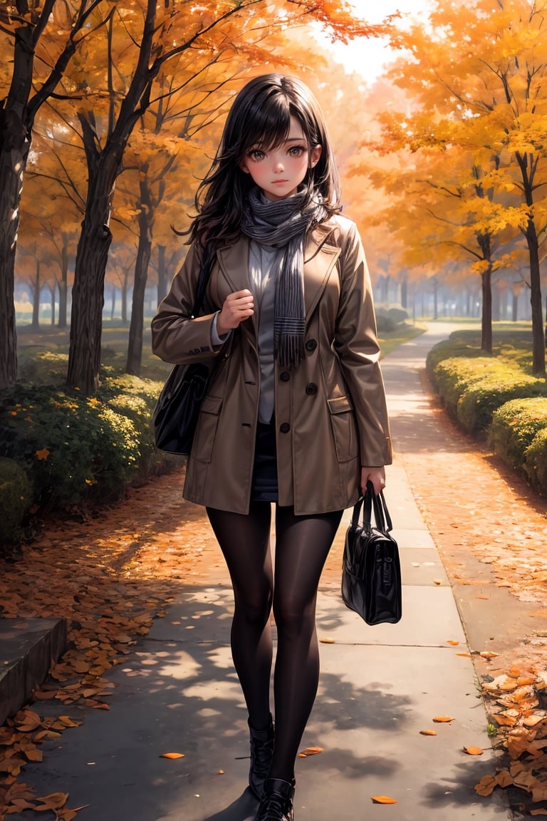 (masterpiece, best quality), 1girl, Cozy Autumn themed Walk, nature walk, Autumn day, flora, beautiful lighting, Autumn colors, Autumn elements, 
