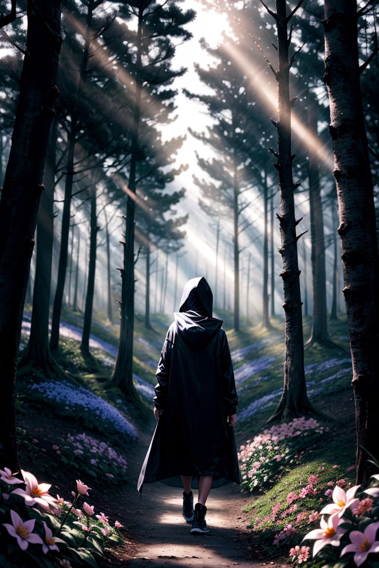 deep forest,  flower feilds,  sunlight,  film lighting,  (masterpeice),  (high_quality),  best quality,  hooded figure in the distance,  anbient lighting,  (wide shot)
