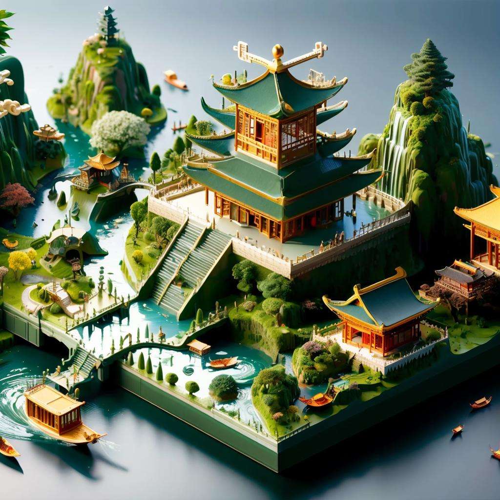 masterpiece, best quality,  <lora:minimap:1>,minimap, water, tree, bridge, watercraft, architecture, building, waterfall, boat, bird, tower, pagoda, river, fantasy, east asian architecture, mountain, city, stairs, sky, castle, aircraft, ship, floating island