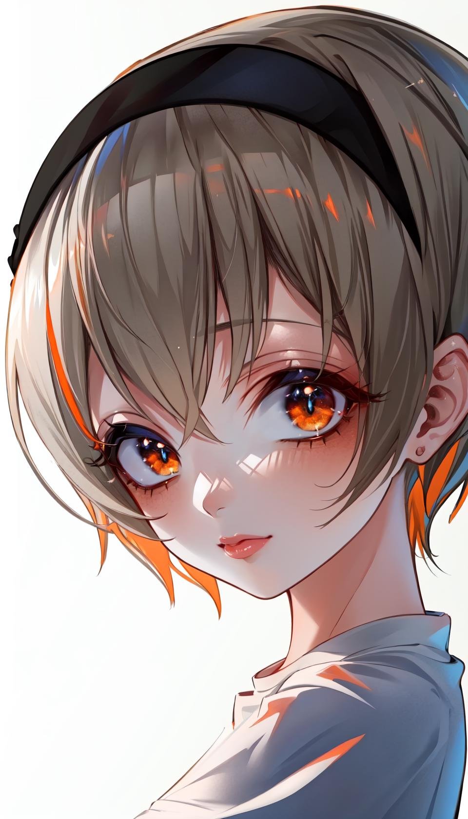 masterpiece, best quality, white background, pekorashirt, cosmieyes, 1girl, solo, looking at viewer, portrait, upper body, orange eyes, eyelashes,<lora:CosmicEyes:1>, <lora:Pekora_LoRA:1>,