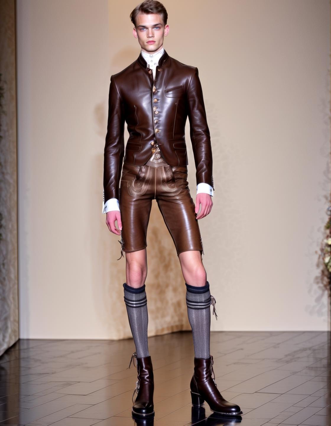 Haute Couture 1boy slim balenciaga model  wearing short brown wild leather Hosn hot pant, muscular body, black boots, high socks ,,, Haute Couture, often for exclusive fashion, custom-fitted garments, or high-end design.