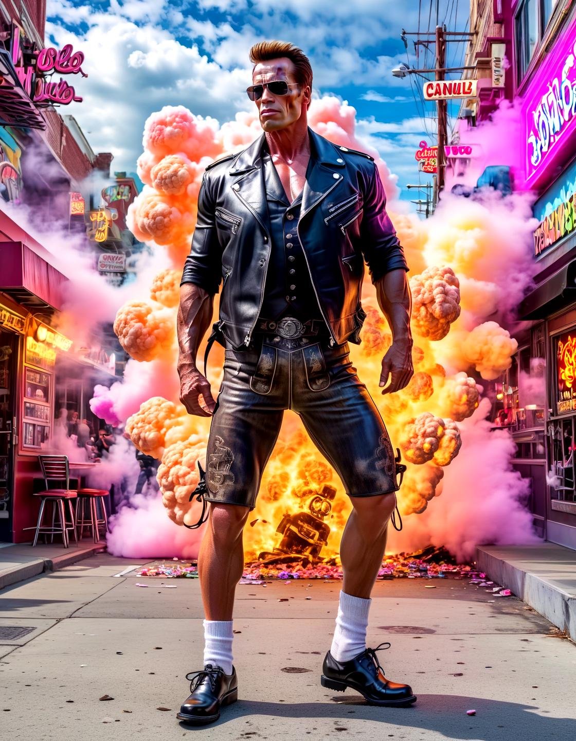 Ankama vivid animation style Arnold as terminator t800, wearing short Hosn, brownpant, necktie, brown shoe, wild leather, vest, san francisco in front of a biker bar, explosion, candy cotton clouds, smoke,,. Vibrant colors, expansive storyworlds, stylized characters, flowing motion