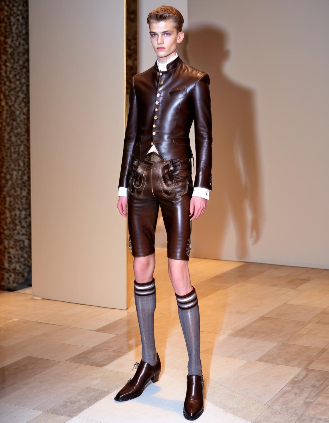 Haute Couture 1boy super slim balenciaga model  wearing short brown wild leather Hosn hot pant, muscular, black boots, high socks ,,, Haute Couture, often for exclusive fashion, custom-fitted garments, or high-end design.