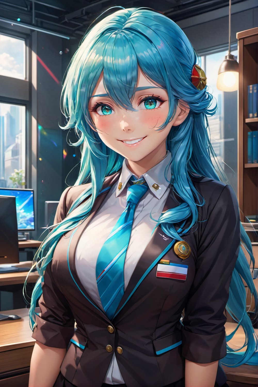 torino aqua style, ((masterpiece)), (best quality), official art, extremely detailed CG, unity 8k wallpaper, ultra detailed, colorful, 1girl, cute, solo, long hair, blue hair, smile, medium breasts, business uniform,