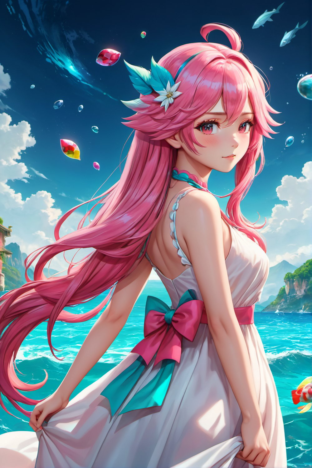 torino aqua style, ((masterpiece)), (best quality), official art, extremely detailed CG, unity 8k wallpaper, ultra detailed, colorful, 1girl, cute, solo, long hair, pink hair, white dress