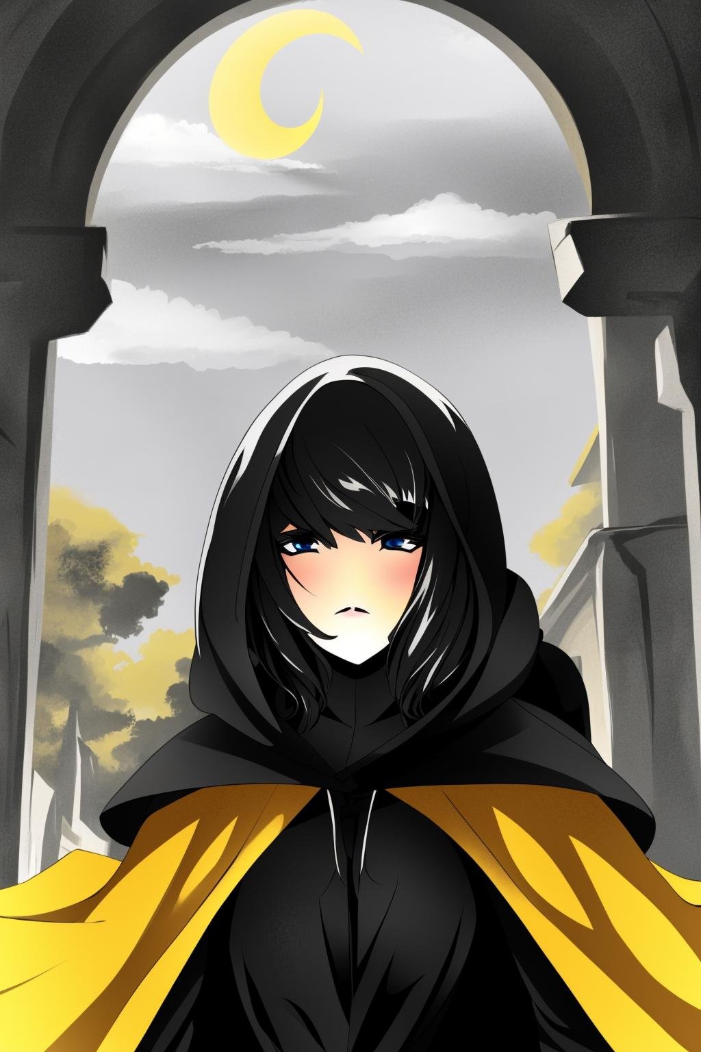 1girl in hoodie, art in 6: roramans character in 1/5, a black haired lady wearing yellow cape armor as the president of the uss rutherford's inauguration in red state united state in the 19th century, k 4 shaded, cell background of a