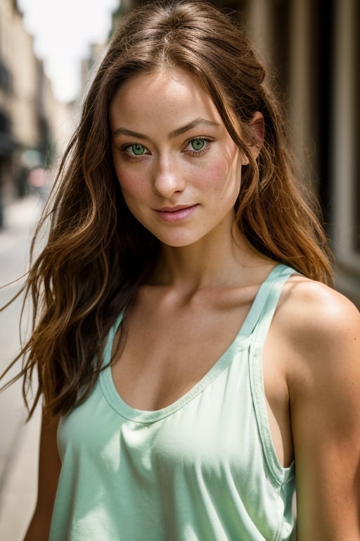 Realistic photo of a beautiful 0l1v14w-v1 woman, 1girl, solo, long hair, breasts, looking at viewer, smile, brown hair, closed mouth, green eyes, upper body, blurry, lips, blurry background, tank top, web address, freckles, realistic, soft lighting, professional Photography, Photorealistic, detailed, RAW, analog, sharp focus, 8k, HD, DSLR, high quality, Fujifilm XT3, film grain, award winning, masterpiece