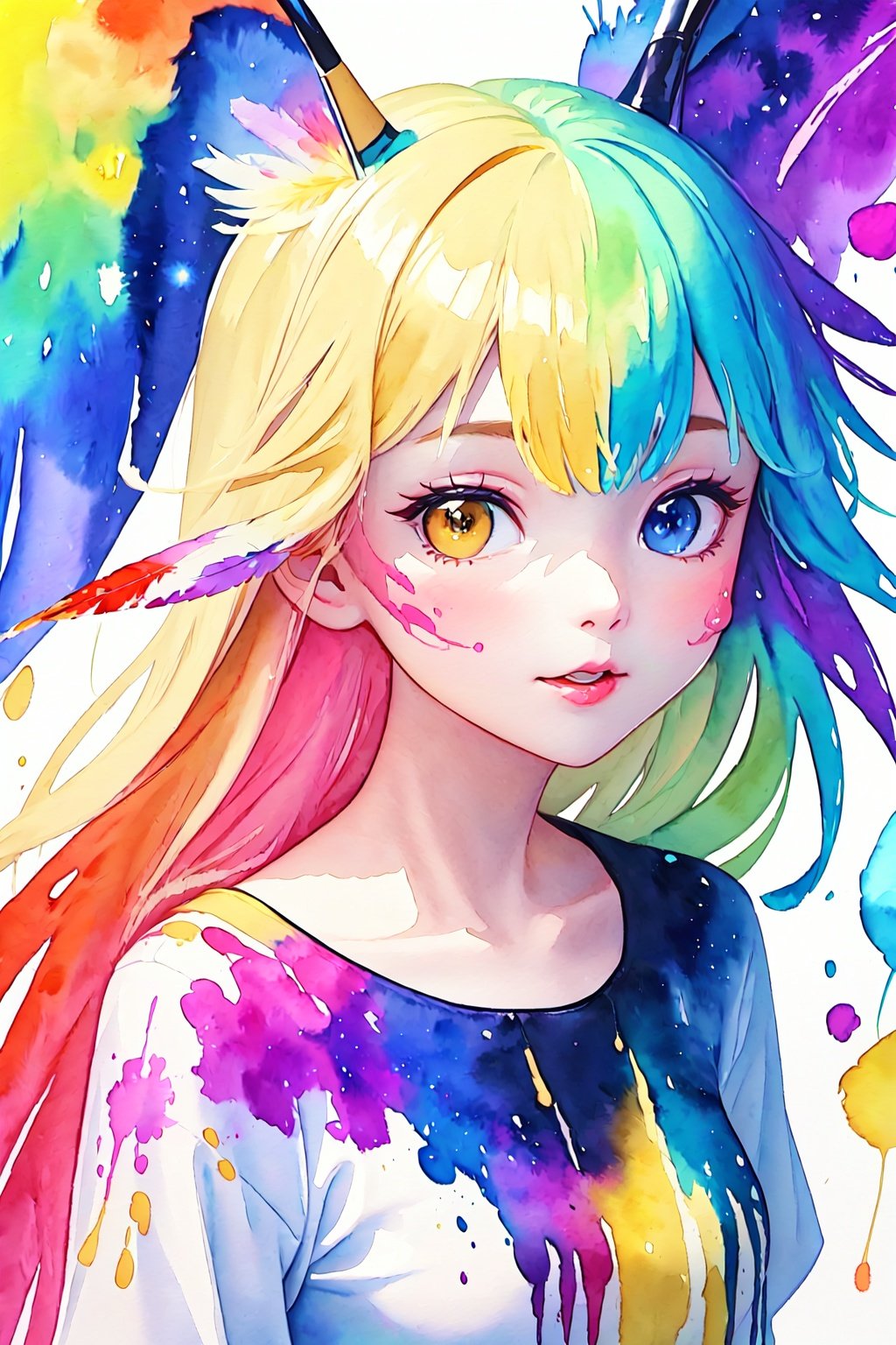  (from front1.2),(paint effect:1.3), ((lots of galaxy+watercolor color feathers):1.3), (mixed rainbow color), flowing, (Melted, splashed ink)
, cute face, upper body, decorative art, (Heterochromatic<(red, yellow)>:1.2), 
, secai, ZYM