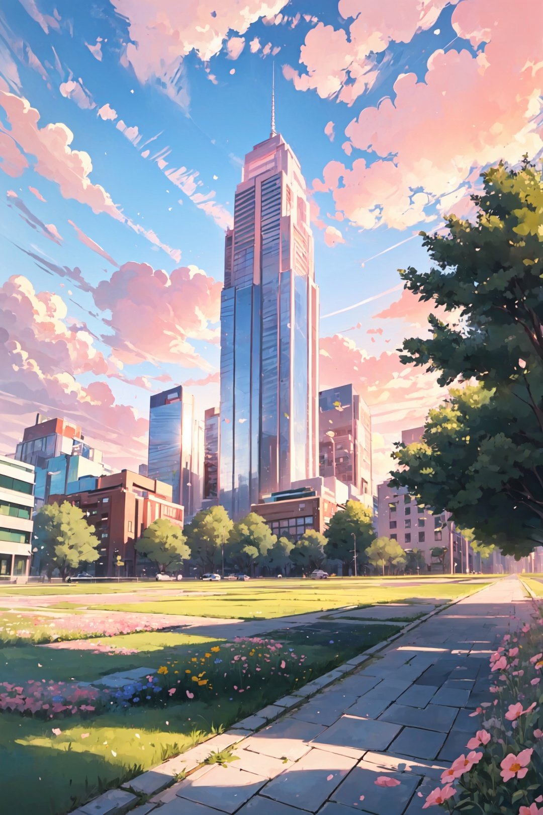 cityscape, buildings, streets,sunshine, flowers, green plants,((pink sky)),((clouds)),
