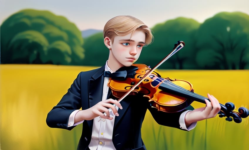 young man 16 years old playing the violin in an open field