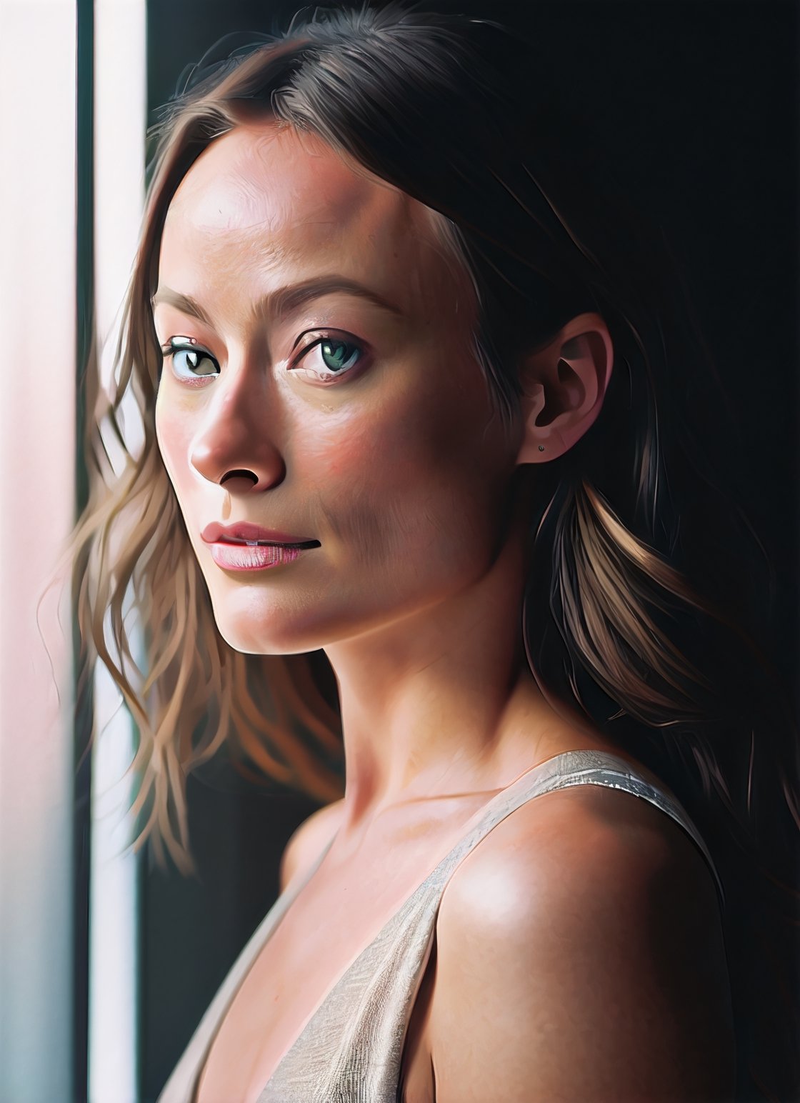  analog style, modelshoot style, portrait of Olivia Wilde, epic (photo, studio lighting, hard light, sony a7, 50 mm, matte skin, pores, colors, hyperdetailed, hyperrealistic)