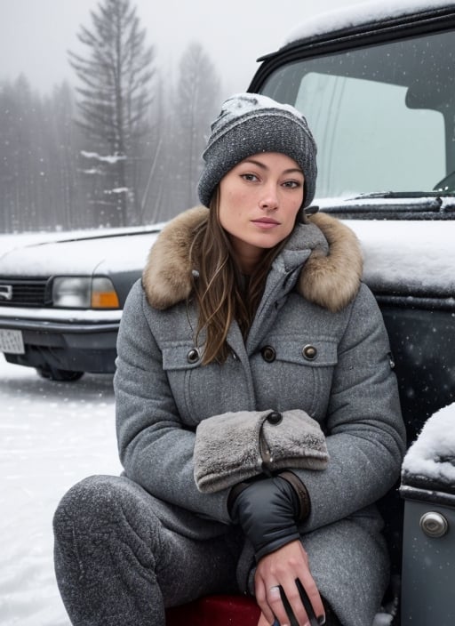 Olivia Wilde, RAW photo of a sks woman, sitting in outdoor car ,winter ,snowy , ((wearing cap)), (detailed face), grunge, ((visual kai)),  ((full body)), (high detailed skin:1.2), 8k uhd, dslr, soft lighting, high quality, film grain, Fujifilm XT3,SKS WOMAN