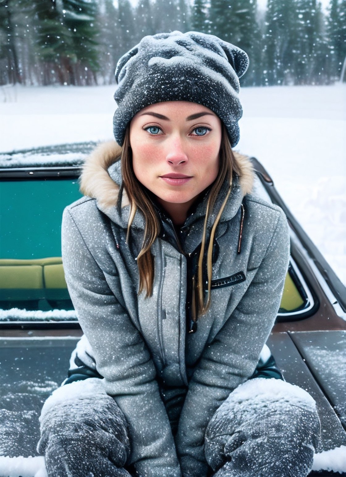  RAW photo of Olivia Wilde, sitting in outdoor car ,winter ,snowy , ((wearing cap)), (detailed face), grunge, ((visual kai)),  ((full body)), (high detailed skin:1.2), 8k uhd, dslr, soft lighting, high quality, film grain, Fujifilm XT3,SKS WOMAN,perfecteyes