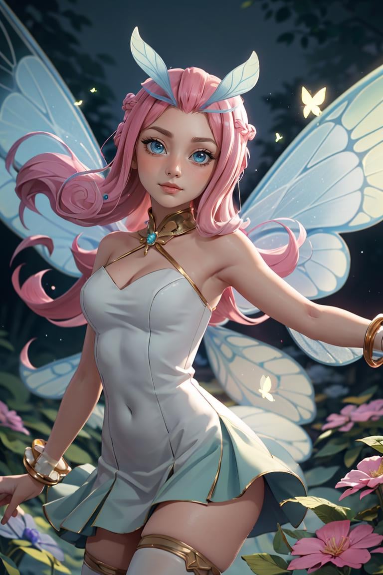 centered, award winning upper body portrait, cowboy shot, (looking at viewer:1.2), |<lora:Tasi_AFK_Anime:0.7>, Tasi_AFK, long pink hair, fairy, fairy wings, dress, thighhighs, | flower garden, | bokeh, depth of field, cinematic composition, |  dynamic pose,