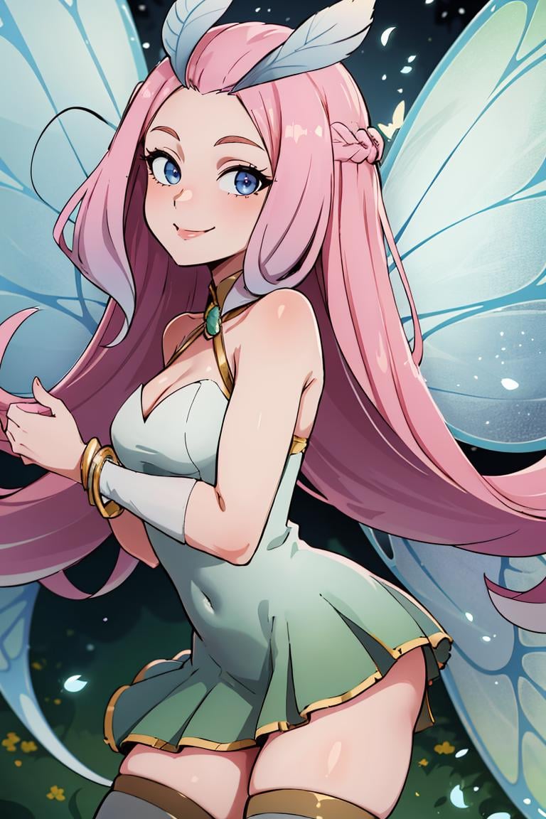 ((masterpiece,best quality)), absurdres,<lora:Tasi_AFK_Anime:0.8>, Tasi_AFK, long pink hair, fairy, fairy wings, dress, thighhighs,   side view, solo, smiling, looking at viewer, cowboy shot, cinematic composition, dynamic pose, contrapposto, 