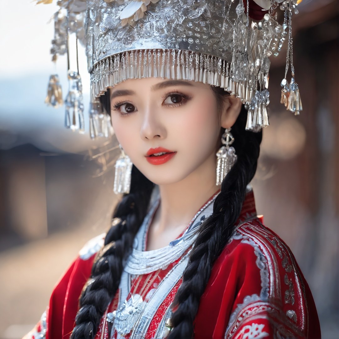 HDR,UHD,8K, best quality, masterpiece, absurdres,extremely detailed,miaoyuansu, miao8, 1girl, solo, black hair, realistic, braid, long hair, jewelry, earrings, twin braids, upper body, looking at viewer, multiple braids, hair ornament, blurry, traditional clothes, hat, blurry background, portrait, makeup, headdress, japanese clothes, kimono, eyelashes,<lora:miaoyuansuSDXL-000009:0.7>