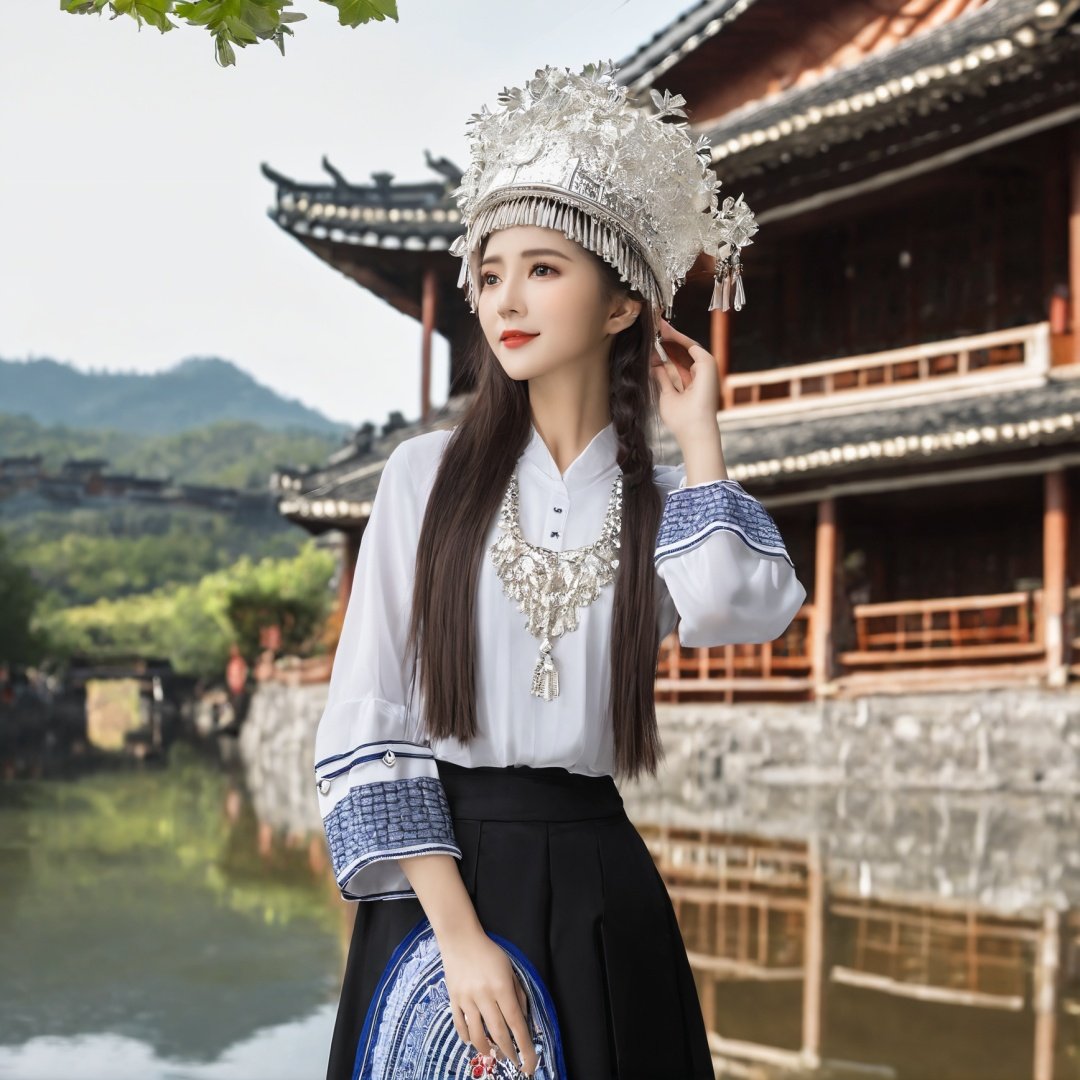 HDR,UHD,8K, best quality, masterpiece, absurdres,extremely detailed,miaoyuansu, miao8, 1girl, solo, long sleeves, outdoors, long hair, upper body, hat, black hair, photo background, day, looking at viewer, shirt, hand up, tree, realistic, white shirt, brown hair, hand on hip, architecture, traditional clothes, choker, east asian architecture, jewelry, necklace, water, blurry, fashion, white headwear, building, arm up, blurry background, layered sleeves, print shirt, leaf, standing,<lora:miaoyuansuSDXL-000009:0.7>