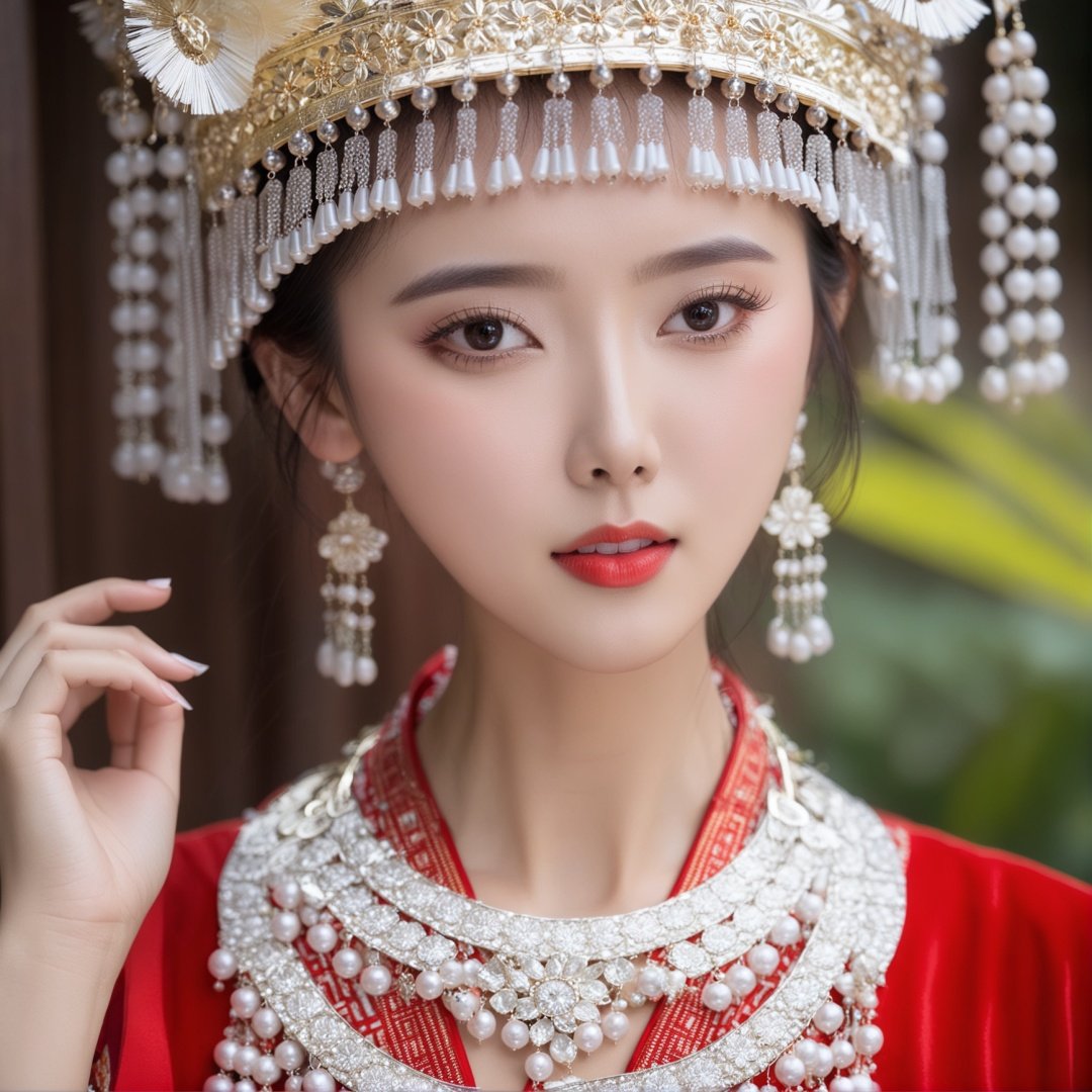 HDR,UHD,8K, best quality, masterpiece, absurdres,extremely detailed,miaoyuansu, miao7, 1girl, solo, jewelry, black hair, looking at viewer, necklace, earrings, bracelet, blurry, mole, upper body, mole on cheek, ring, hair ornament, blurry background, makeup, realistic, gem, headdress, hat, long sleeves, mole under mouth, depth of field, chinese clothes, beads, dress, hands up, eyelashes, short hair, watch, mole above mouth, robe, traditional clothes,<lora:miaoyuansuSDXL-000009:0.7>