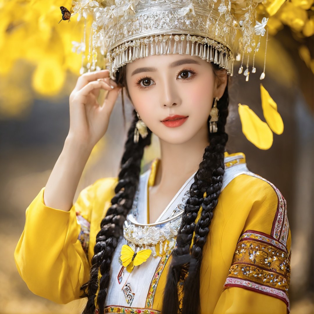 HDR,UHD,8K, best quality, masterpiece, absurdres,extremely detailed,miaoyuansu, miao5, 1girl, solo, looking at viewer, braid, black hair, hat, upper body, realistic, long hair, twin braids, leaf, hair ornament, ginkgo leaf, yellow background, blurry, flower, makeup, holding, long sleeves, blurry background, multiple braids, traditional clothes, butterfly, yellow theme, hair flower, jewelry, signature, bug, floral print, watermark, dress, white headwear, depth of field,<lora:miaoyuansuSDXL-000009:0.7>