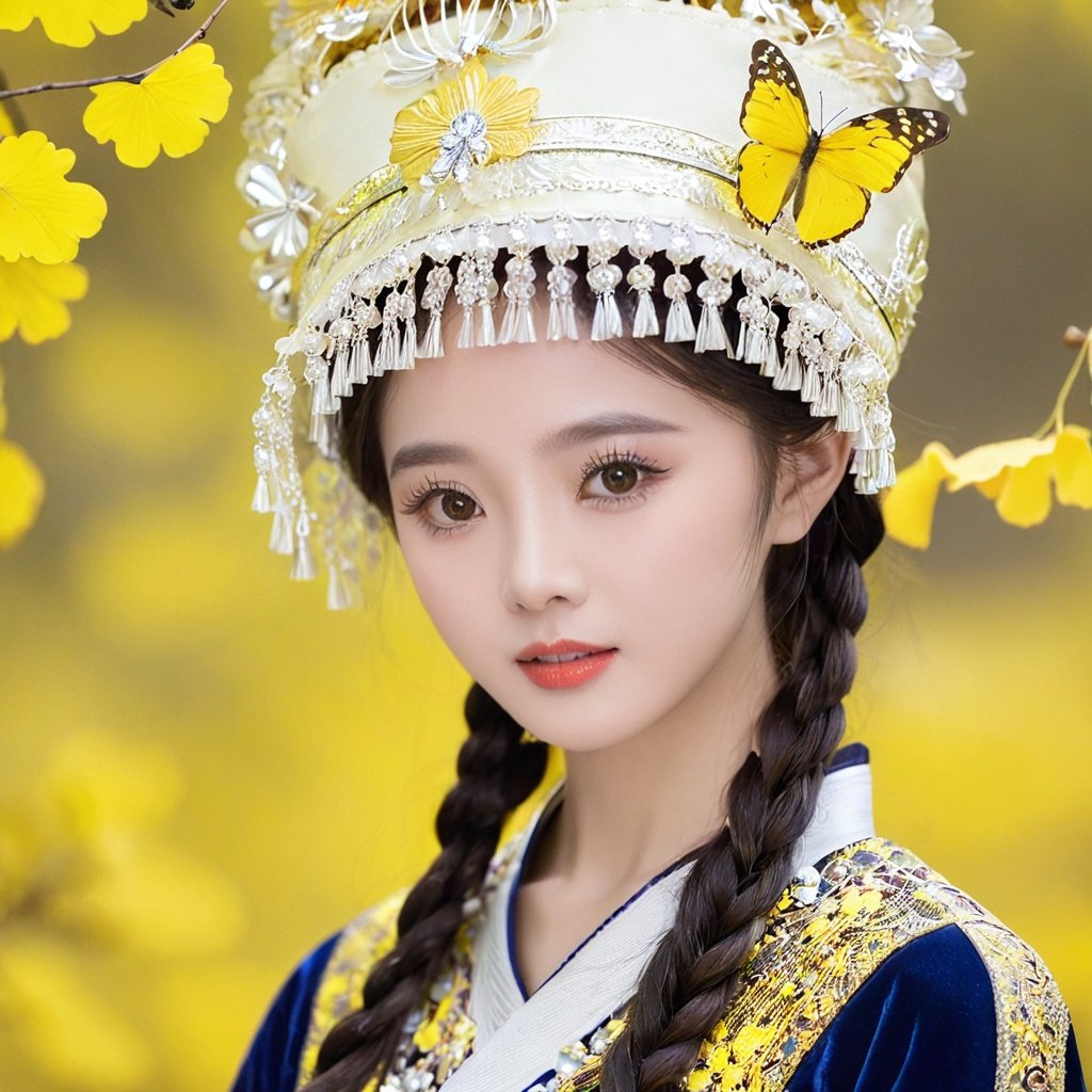 miaoyuansu, miao5, 1girl, solo, looking at viewer, braid, black hair, hat, upper body, realistic, long hair, twin braids, leaf, hair ornament, ginkgo leaf, yellow background, blurry, flower, makeup, holding, long sleeves, blurry background, multiple braids, traditional clothes, butterfly, yellow theme, hair flower, jewelry, signature, bug, floral print, watermark, dress, white headwear, depth of field,  <lora:miaoyuansuSDXL-000009:0.7>