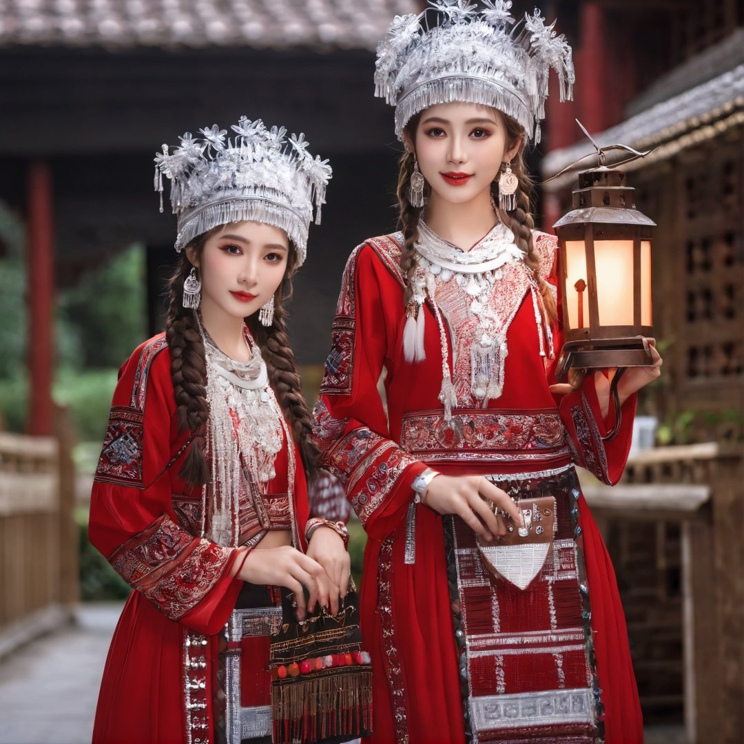 HDR,UHD,8K, best quality, masterpiece, absurdres,extremely detailed,miaoyuansu, miao8, 2girls, multiple girls, black hair, jewelry, earrings, looking at viewer, traditional clothes, holding, lantern, realistic, crown, necklace, dress, hat, braid, outdoors, blurry background, wide sleeves, ring, beads, makeup, brown hair, long sleeves, facial mark, blurry, long hair, standing, bracelet, piercing, blonde hair, headdress, red dress, day, twin braids, cowboy shot, pearl necklace, mole, chinese clothes, hair ornament,<lora:miaoyuansuSDXL-000009:0.7>