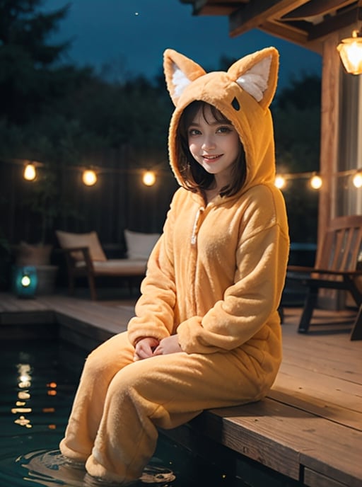 8K, sharp focus, Natural volumetric lights, soft lighting, fox_onesie, fuzzy_onesie, hood, fox_kigurumi, smiling, looking_at_viewer, symmetric_eyes, detailed_eyes, garden, sitting, feet in water, porch, backyard, string_lights in trees, night, fireflies, evening