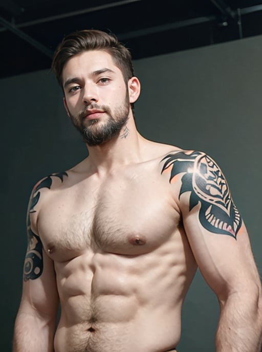 a mature male, brown hair, hipster hair, side shaved hair, muscular, very tall, green eyes, upper body figure, bearded, hipster beard, looks viewer, flannel shirts, open shirts, tattoo all over his body, abstract tattoo, chest tattoo, belly tattoo, neck tattoo, best quality, masterpiece, bright day, park, anime