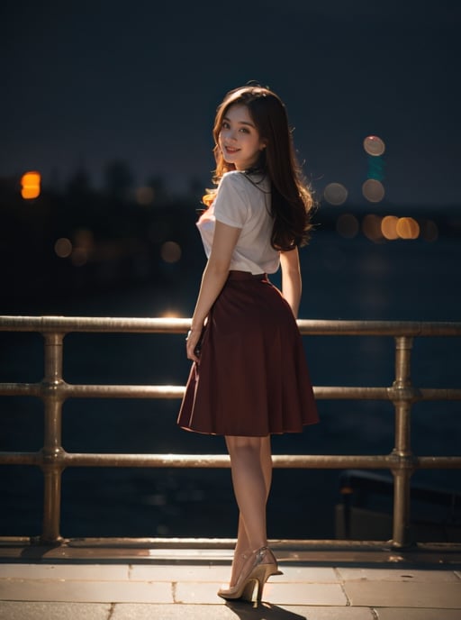 1girl, full body, eye contact, bokeh background, big bokeh, night, brown hair, red skirt, back long hair, smile