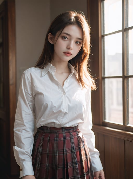 (masterpiece,best quality:1.5),ultra realistic,32k,RAW photo,(high detailed skin:1.2), 8k uhd, dslr, soft lighting, high quality, film grain,lots of details ,pleated skirt , button down shirt ,pretty lady , royal style, gold  accessories,, 1girl, anime