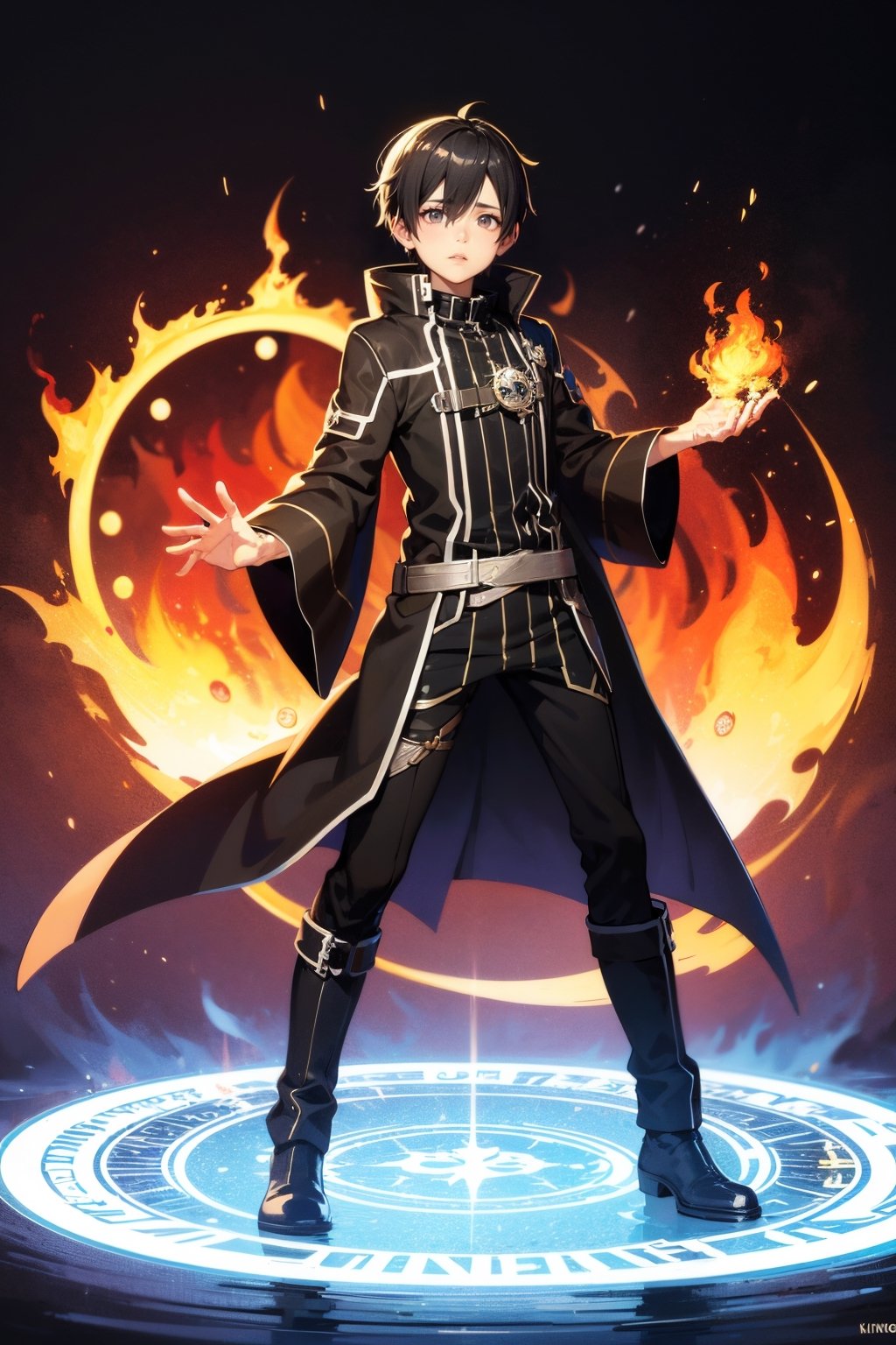 1 man, colorful, elemental, water, fire, Kirito, Swort Art Online, magic,  masterpiece, best quality, full body, Wide Shot, magic Circle, Circle