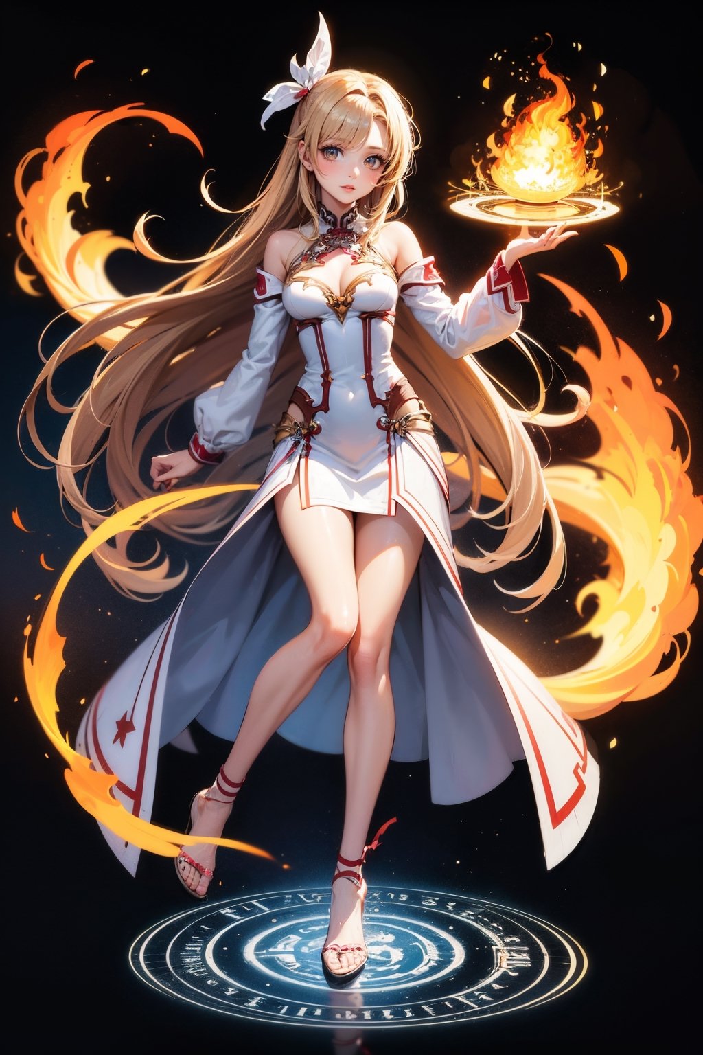 1 girl, colorful, elemental, water, fire, Asuna, Swort Art Online, magic,  masterpiece, best quality, full body, Wide Shot, magic Circle, Circle