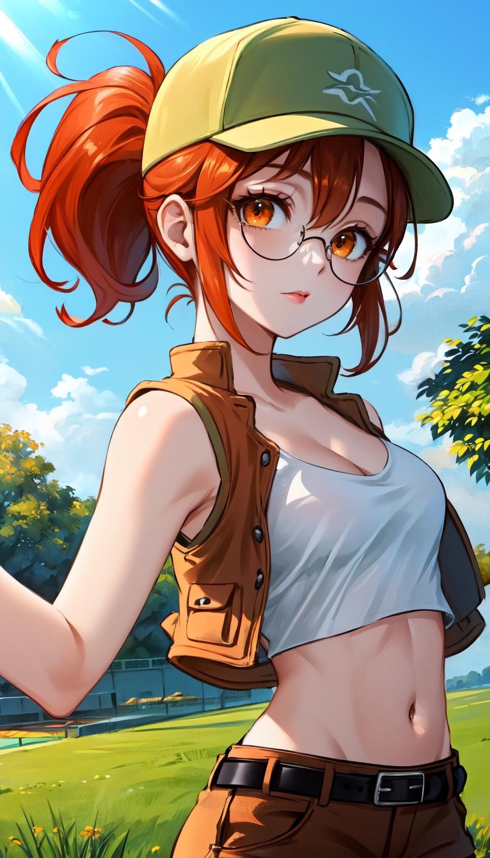 masterpiece, best quality, outdoors, grass,cosmieyes, eye focus, eyelashes, reflection, fiodef, 1girl, solo, looking at viewer, upper body, orange hair, hat, baseball cap, crop top, shorts, midriff, vest, navel, belt, short shorts, tank top, cleavage, brown shorts,<lora:Fiolina:1>, <lora:CosmicEyes:1>