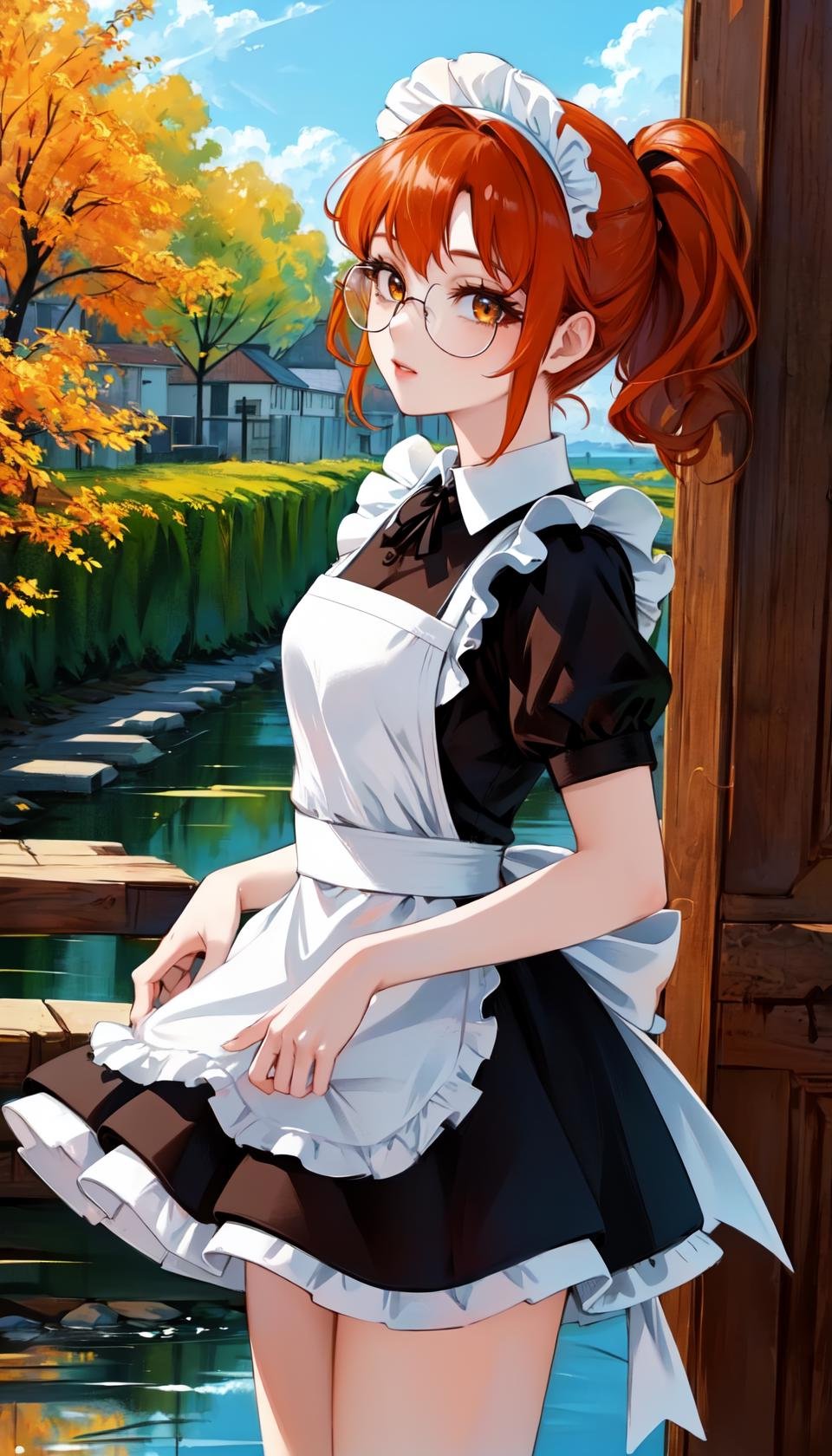 masterpiece, best quality, outdoors,cosmieyes, eye focus, eyelashes, reflection, short ponytail, fiodef, 1girl, solo, looking at viewer, cowboy shot, orange hair, maid, maid headdress, maid apron, puffy sleeves, <lora:Fiolina:1>, <lora:CosmicEyes:1>