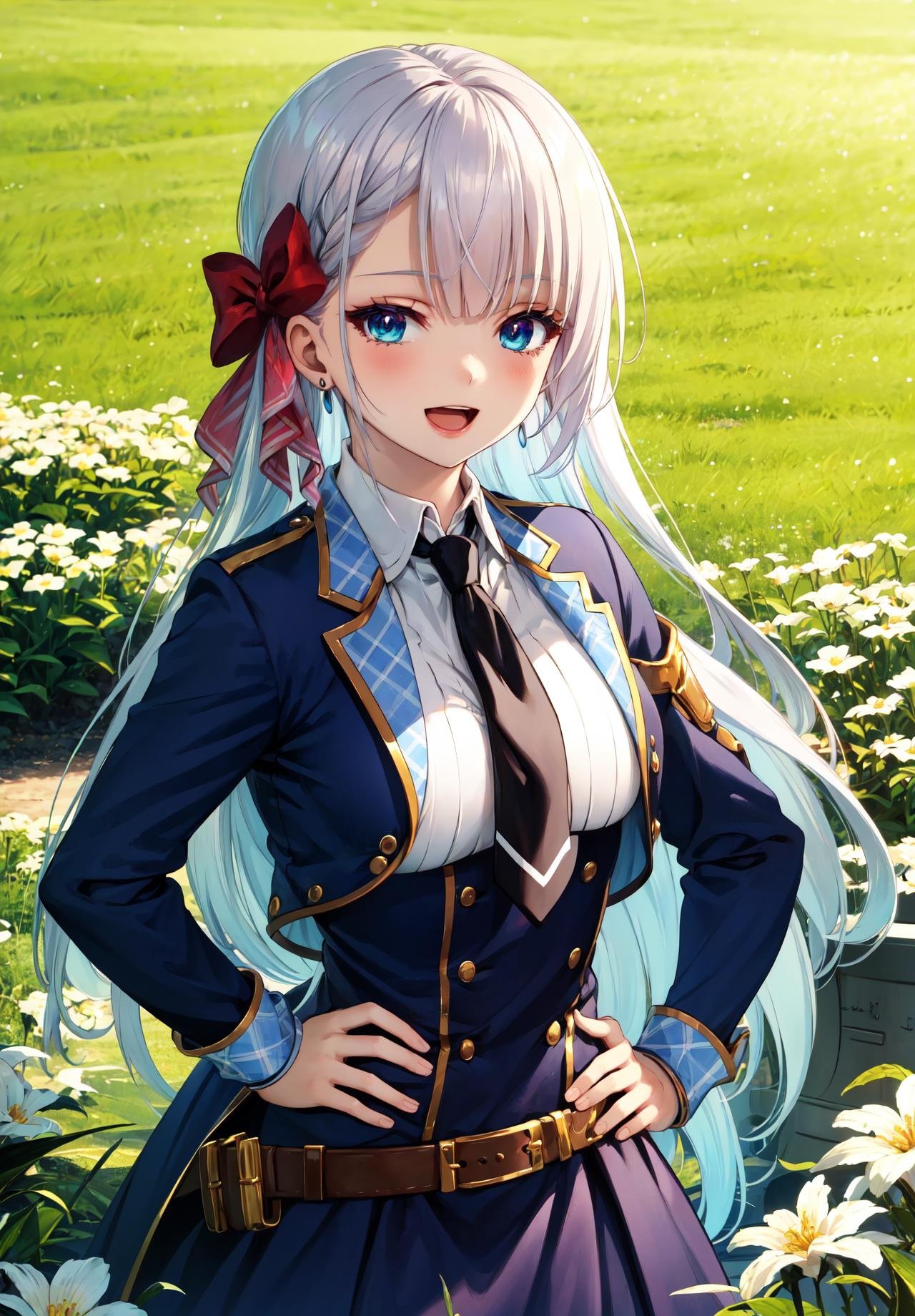 masterpiece, best quality, outdoors, field, flower field,riseliaray, 1girl, looking at viewer, solo, upper body, hands on hips, smile, open mouth,eyelashes,bangs, jacket, blue jacket, white shirt, collared shirt, jewelry, necktie, black necktie, blush, breasts, skirt, blue skirt, open jacket, virtual youtuber,<lora:LoRA_Riselia:1>, 