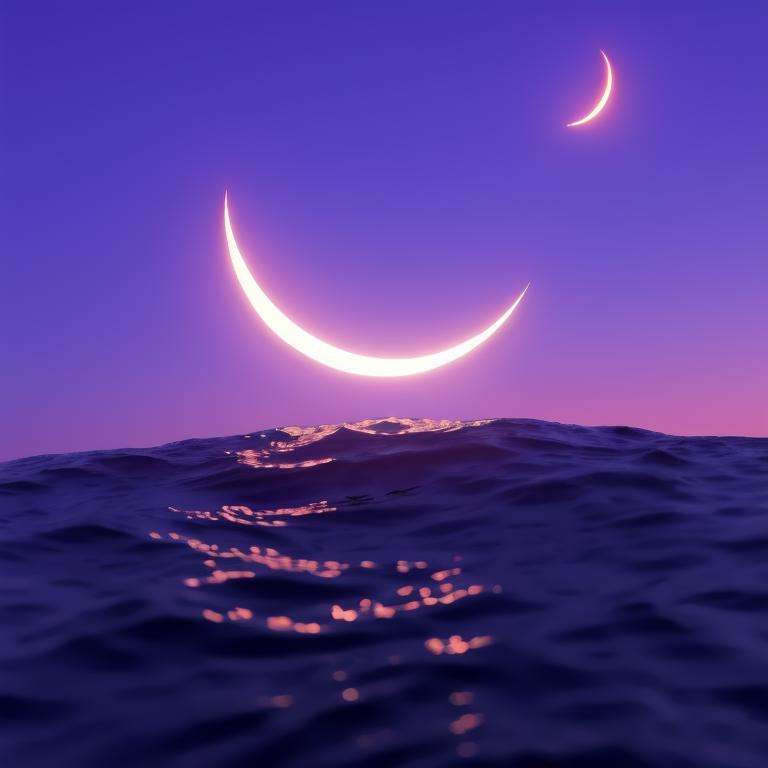 scenery, crescent moon,sky, outdoors, water,  night, gradient sky, purple sky<lora:mood-000004:0.7>