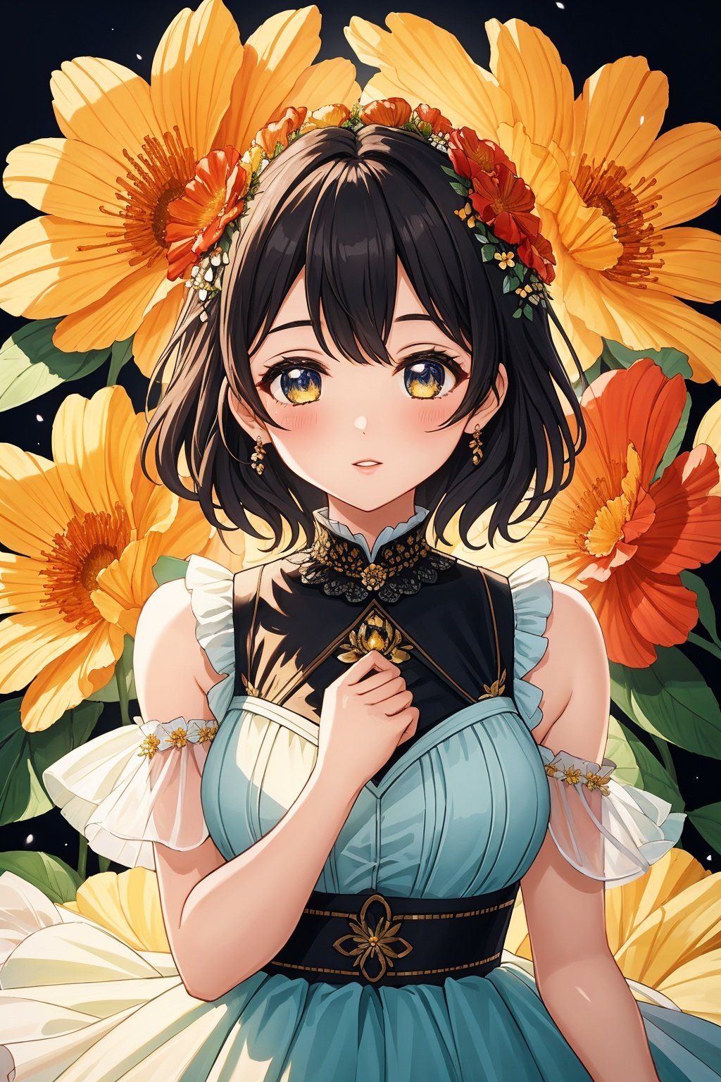  1girl, solo, flower, dress, UHD, high details, best quality, anatomically correct, 16k, Huge flowers