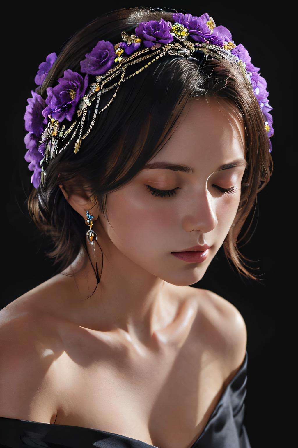 <lora:purple-HXZ:0.7>1girl, solo, closed eyes, jewelry, earrings, black hair, bare shoulders, realistic, black background, collarbone, closed mouth, brown hair, eyelashes, hair ornament, lips, upper body, dress, breasts, makeup, short hair, off shoulder, flower, cleavage, black dress, portrait