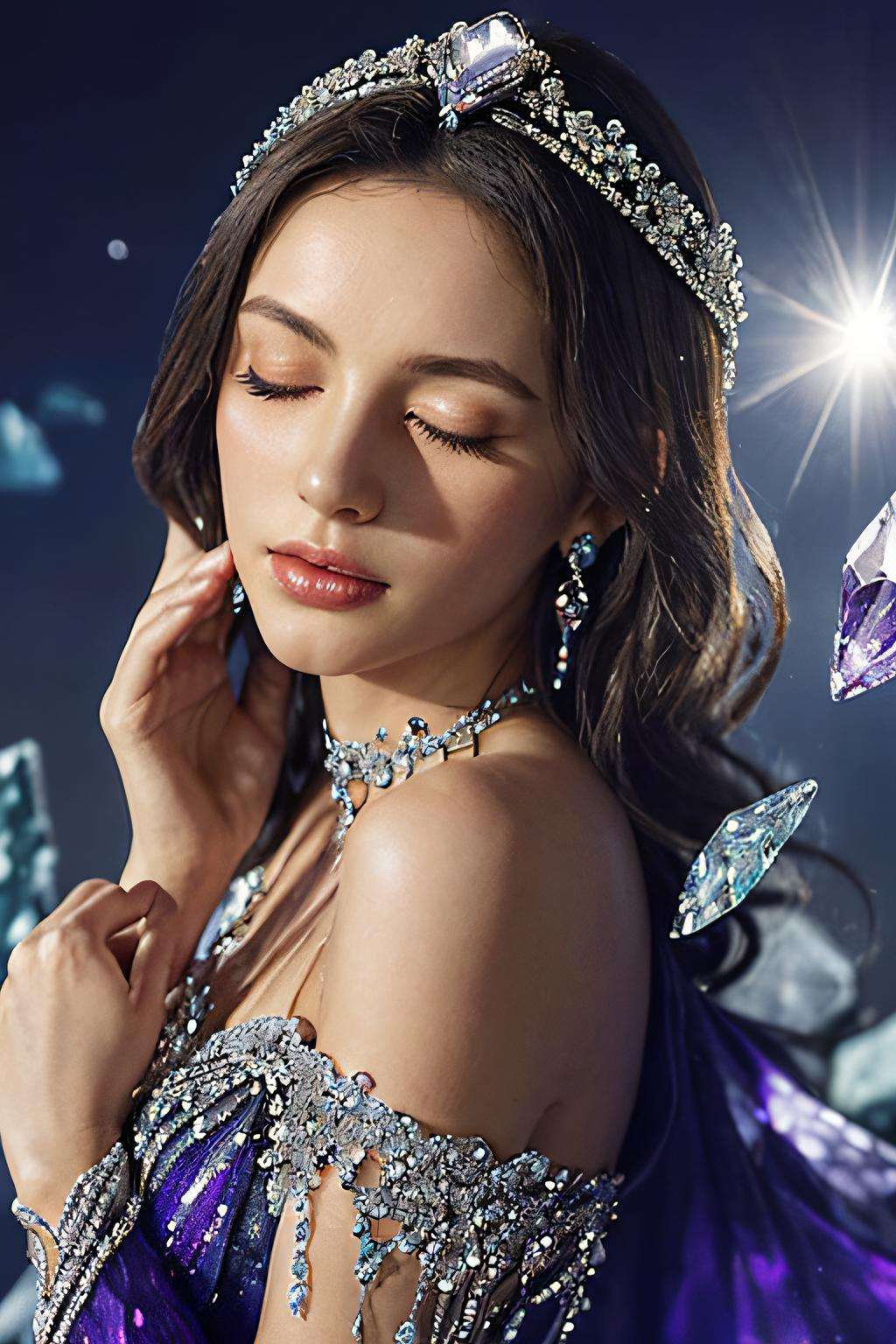 <lora:purple-HXZ:0.7>1girl, solo, jewelry, earrings, closed eyes, flower,(((crystals texture Hair))),((beautiful detailed glass hair)),((glass shaped texture hand)),((crystallize texture body)),gem body,hands as clear as jewels,crystallization of clothes,((crystals texture skin)),sparkle, lens flare, light leaks,broken glass,detailed glass shaped clothes,beautiful detailed gemstone sky, gemstone sea, crystals texture flowers,((detailed crystallized clothing)),