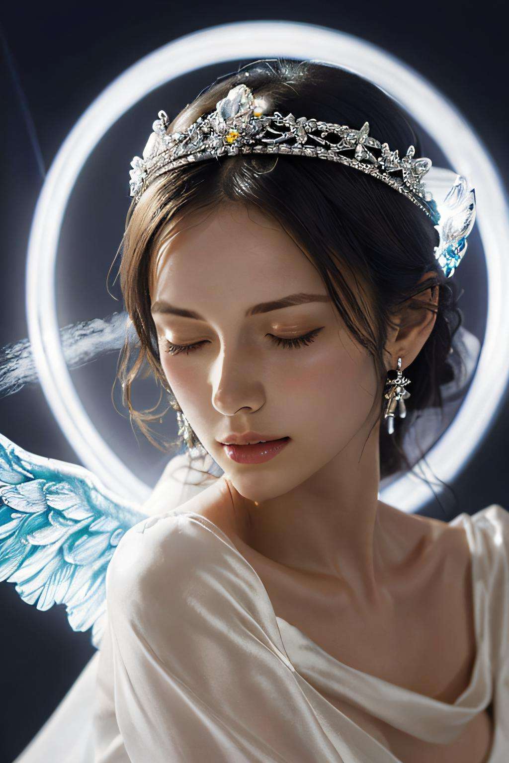 <lora:purple-HXZ:0.7>1girl, solo, jewelry, earrings, closed eyes, flower,(sunlight),(angel),dynamic angle, floating, wing, halo, floating white silk,(Holy Light),silver stars,