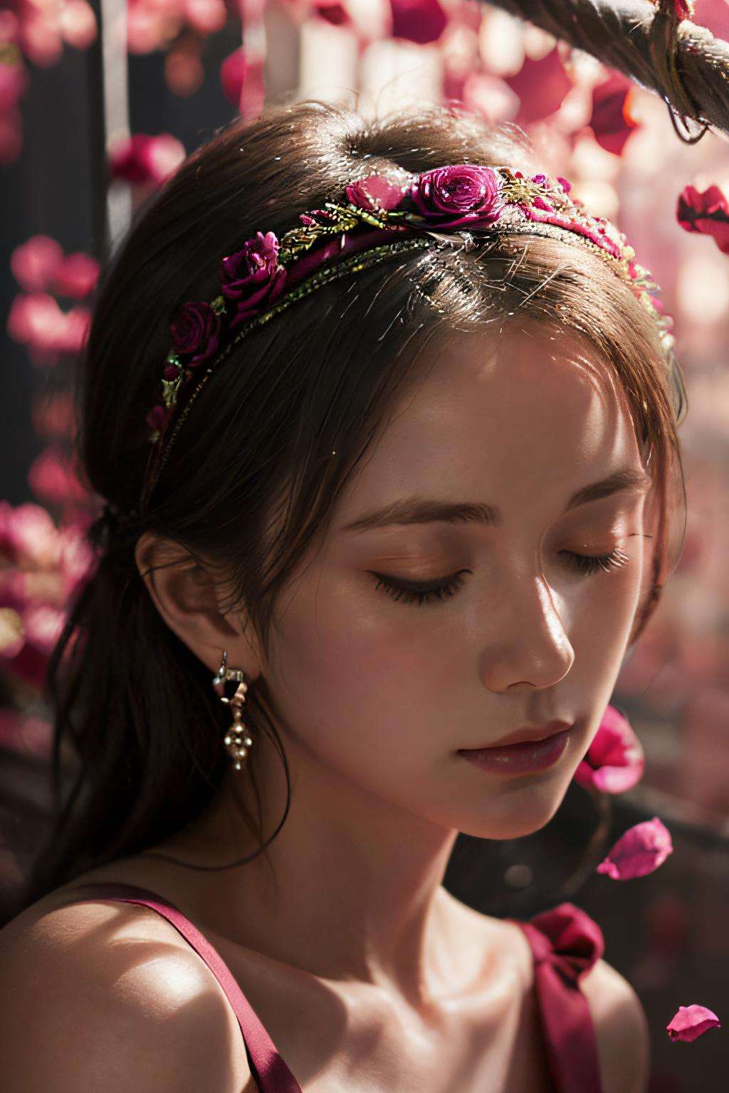 <lora:purple-HXZ:0.7>1girl, solo, jewelry, earrings, closed eyes, flower,((rose)), (vine), cage, bandage, red rope, (detail light), falling rose petals,