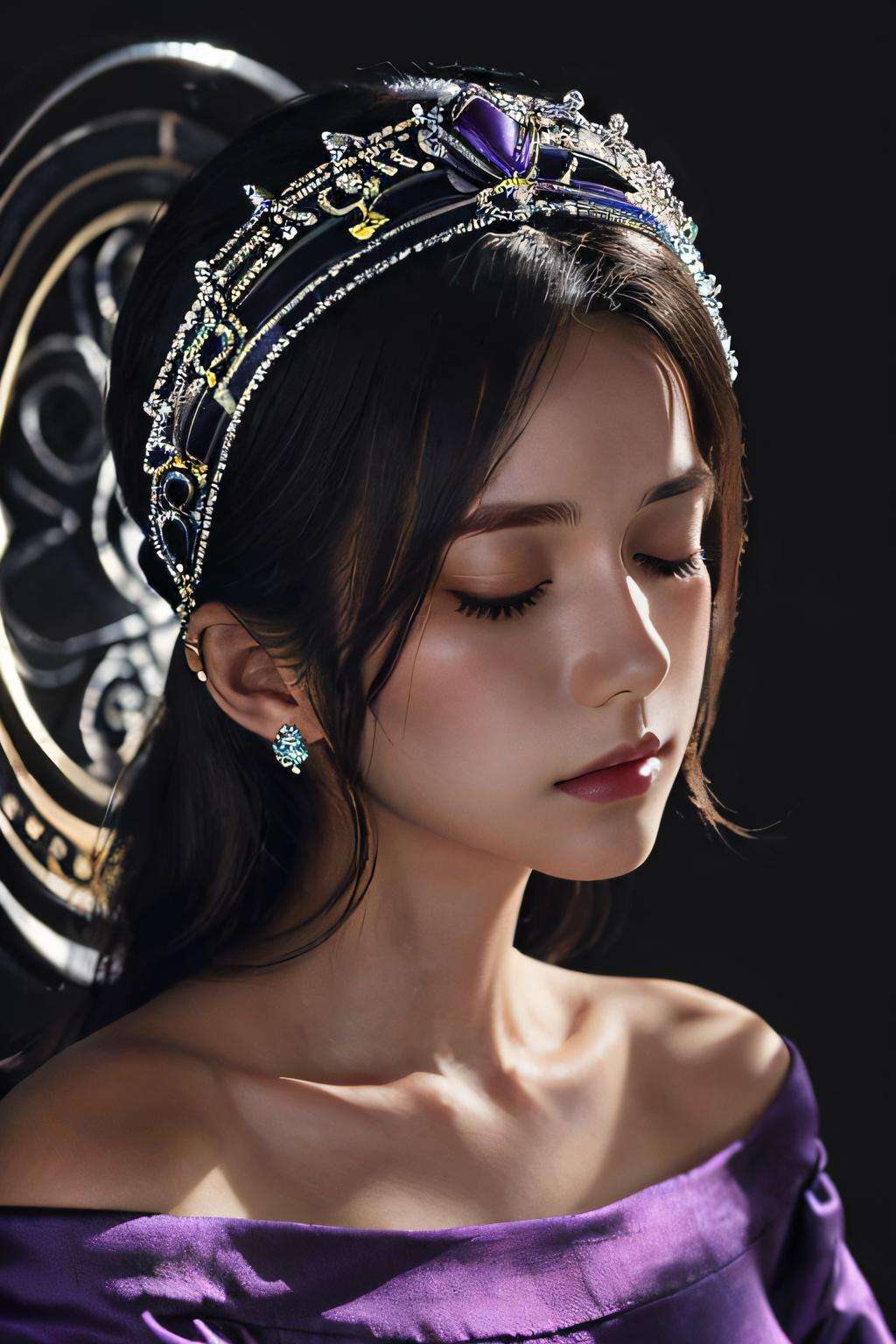<lora:purple-HXZ:0.8>1girl, jewelry, solo, closed eyes, earrings, black hair, black background, collarbone, bare shoulders, off shoulder, long hair, realistic, tiara, closed mouth, lips, eyelashes, simple background, upper body, makeup, dress, hairband, off-shoulder shirt, lipstick