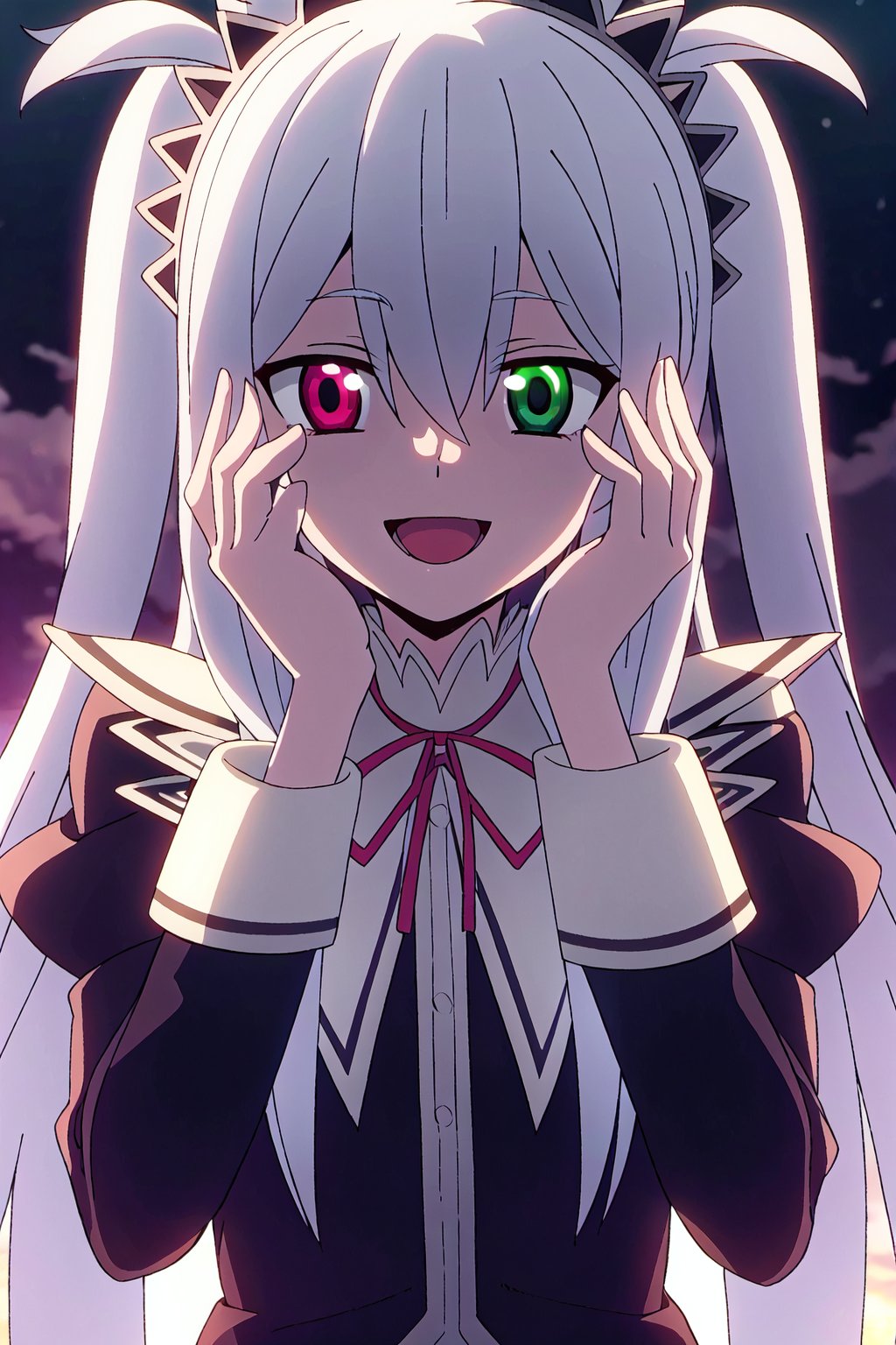 crimson,1girl, solo, green eyes, open mouth, hands on own face, parody, long hair, heterochromia, crazy eyes, yandere, school uniform, smile, crazy smile, ribbon, white hair, glowing, looking at viewer, long sleeves

high quality,best quality,ultra detailed,masterpiece,

