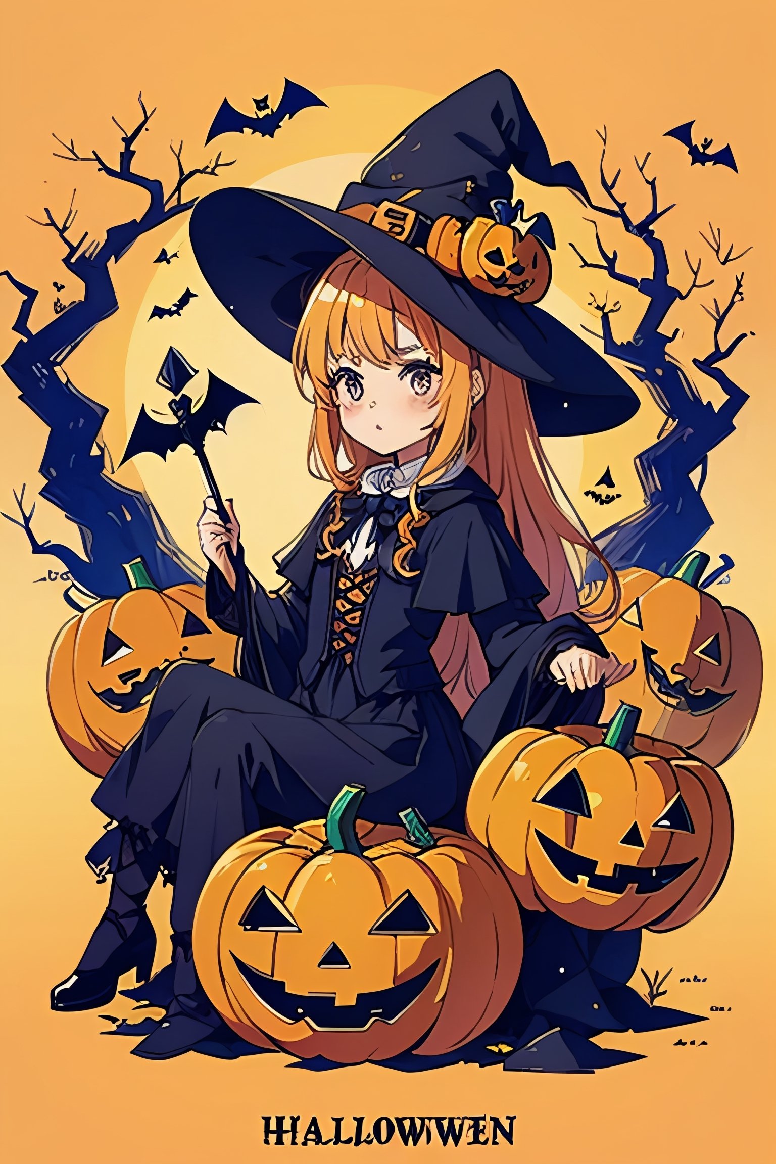 1girl, halloween style, witch clothe, pumpkins, 