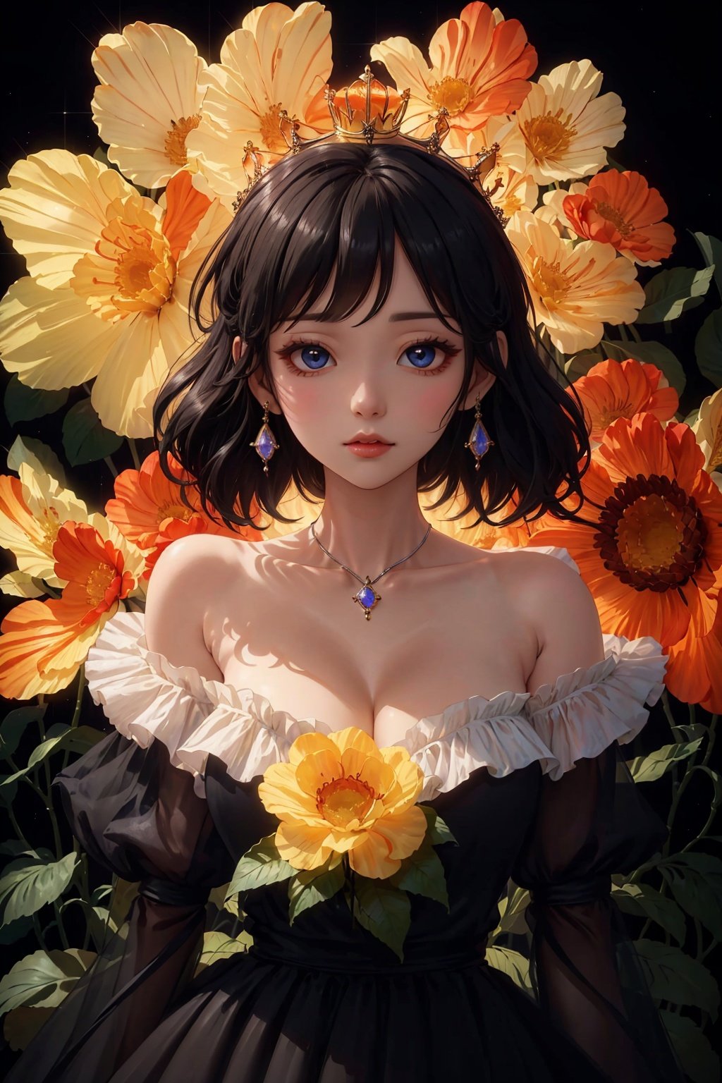  masterpiece, Gem, Luminescence, princess, Crown, Huge flowers, Flower, Flowers, Flowers, Flowers, Black dress, Medium chest, Lovely, Big eyes, anatomically correct, high details, best quality, HD, 16k