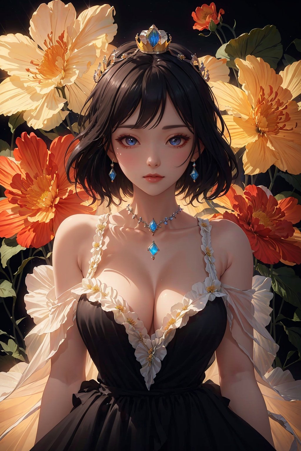  masterpiece, Gem, Luminescence, princess, Crown, Huge flowers, Flower, Flowers, Flowers, Flowers, Black dress, Medium chest, Lovely, Big eyes, anatomically correct, high details, best quality, HD, 16k