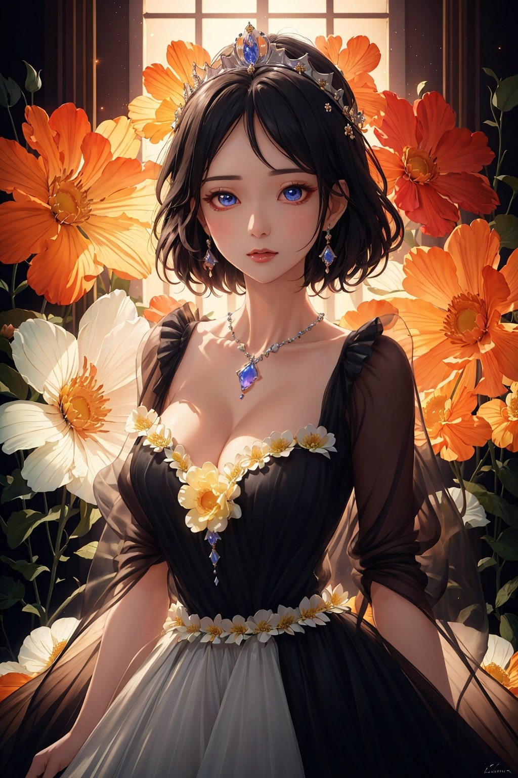  masterpiece, Gem, Luminescence, princess, Crown, Huge flowers, Flower, Flowers, Flowers, Flowers, Black dress, Medium chest, Lovely, Big eyes, anatomically correct, high details, best quality, HD, 16k