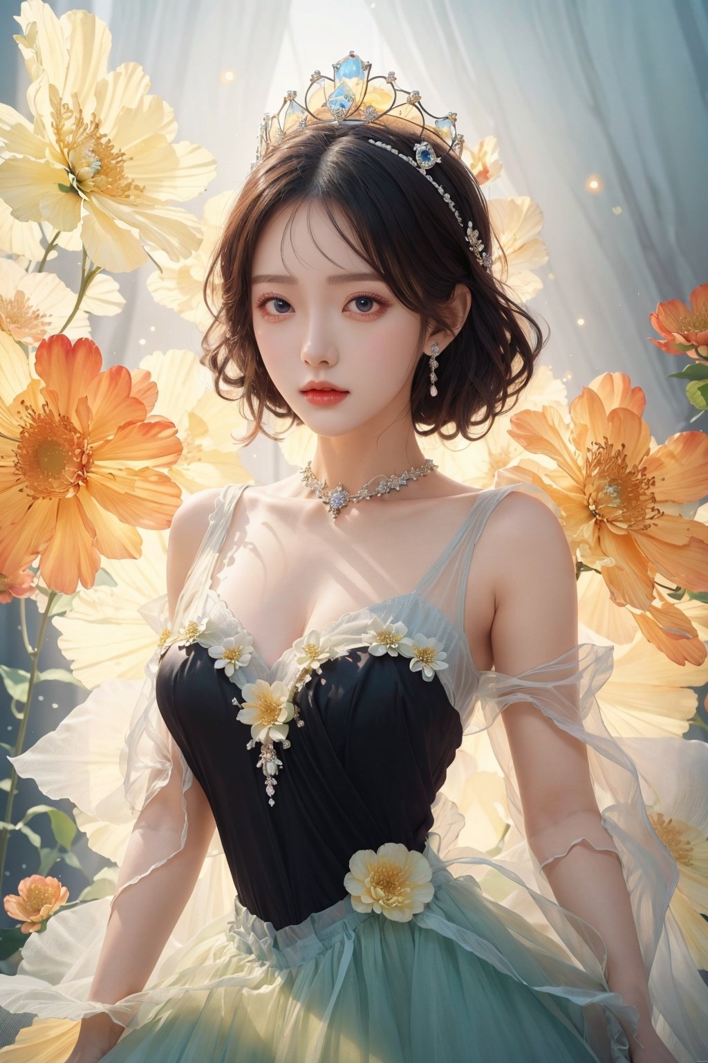  masterpiece, Gem, Luminescence, princess, Crown, Huge flowers, Flower, Flowers, Flowers, Flowers, Black dress, Medium chest, Lovely, Big eyes, anatomically correct, high details, best quality, HD, 16k, sparkling dress