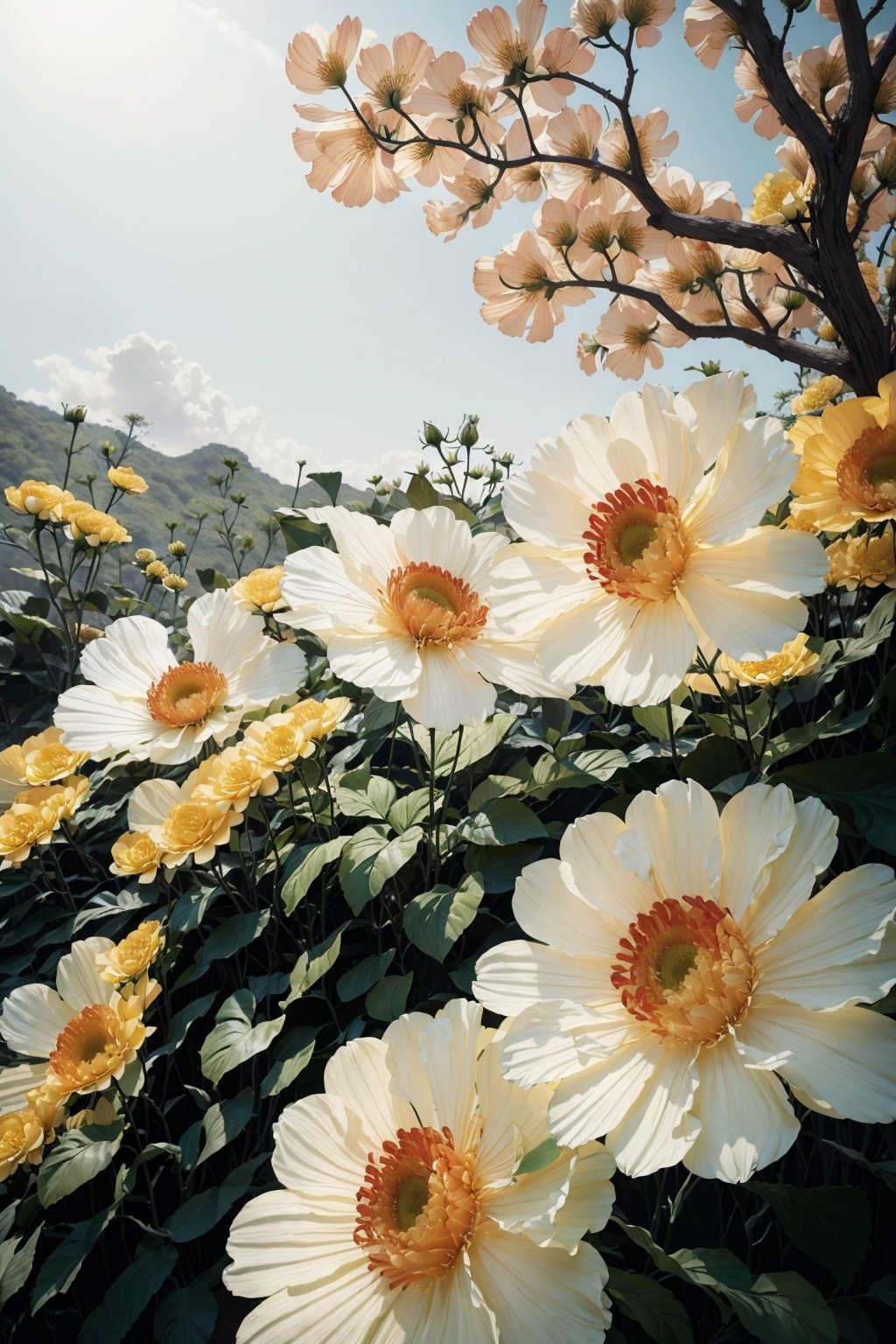 Huge flowers, Only flowers, It's all flowers, Dry branches, Flowers