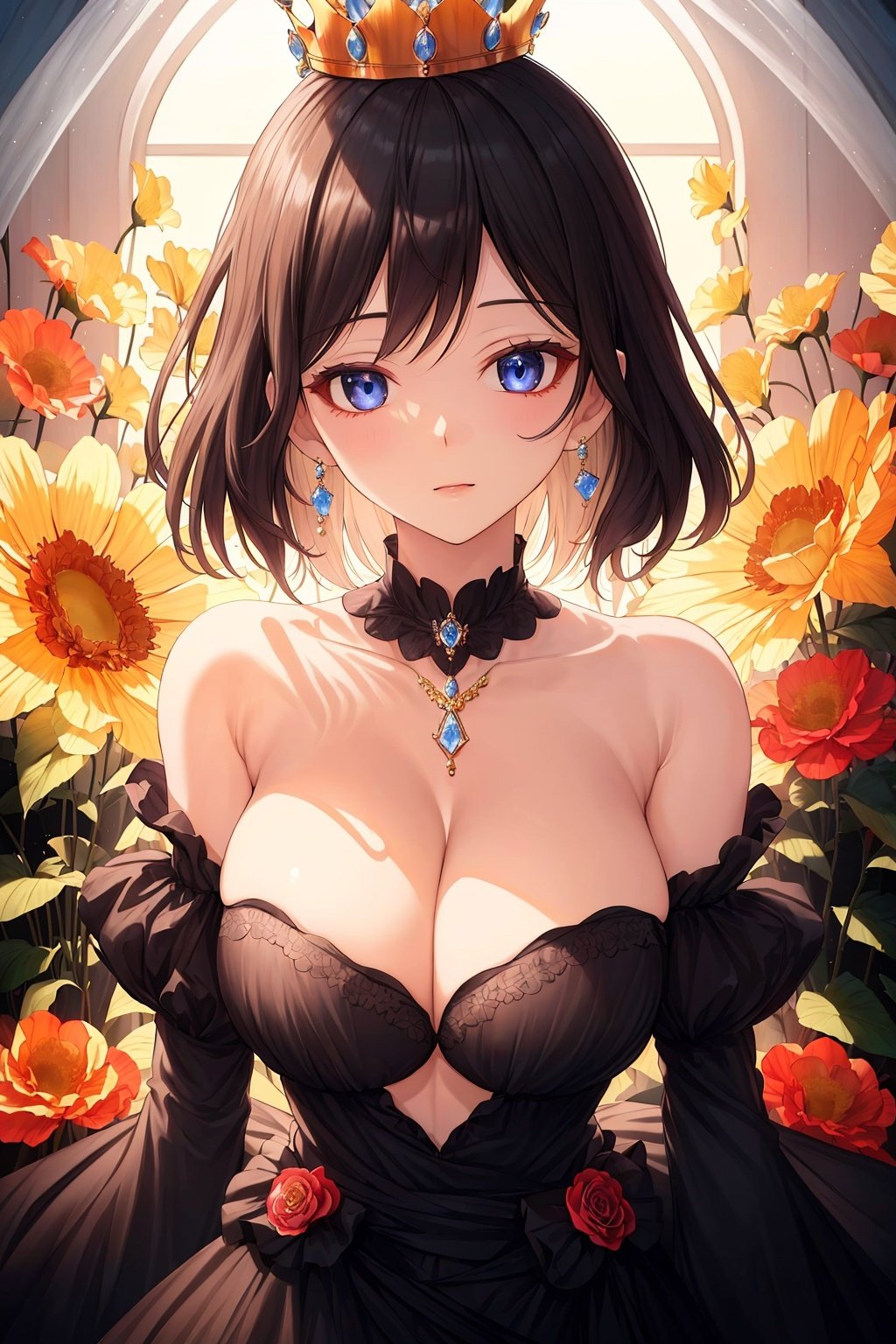  masterpiece, Gem, Luminescence, princess, Crown, Huge flowers, Flower, Flowers, Flowers, Flowers, Black dress, Medium chest, Lovely, Big eyes, anatomically correct, high details, best quality, HD, 16k